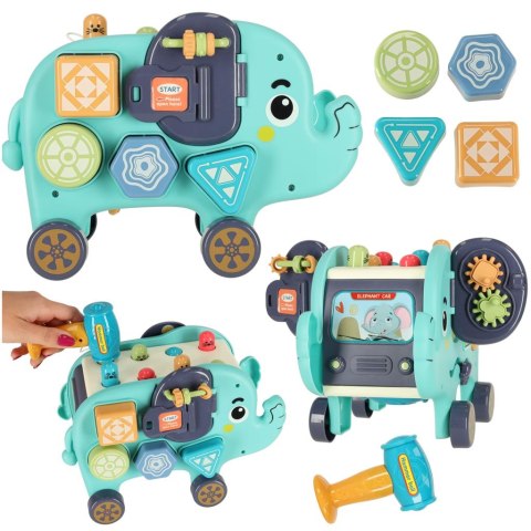 Słonik interaktywny montessori wbijak sorter klocki młotek 26cm Słonik interaktywny montessori wbijak sorter klocki młotek 26cm