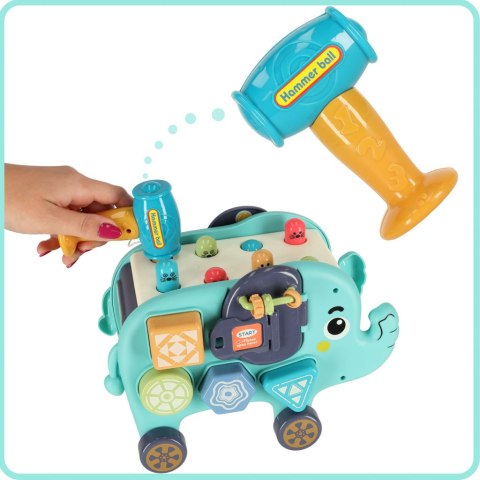 Słonik interaktywny montessori wbijak sorter klocki młotek 26cm Słonik interaktywny montessori wbijak sorter klocki młotek 26cm