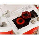Kuchnia dla dzieci plastikowa elektroniczna z kranem palnikami dźwiękiem składana czerwona duża + akcesoria garnki naczynia Kuchnia dla dzieci plastikowa elektroniczna z kranem palnikami dźwiękiem składana czerwona duża + akcesoria garnki naczynia
